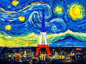 Oil Painting - Eiffel Tower with abstract starry night sky