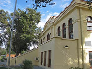 Extreme right angle view of the imposing main stairway of the Beaumont California Carnegie library building, 1914