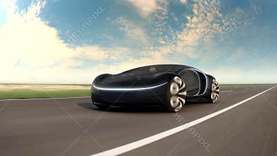 Black electric car on highway in sandy desert. Concept of future car. 4k animation.
