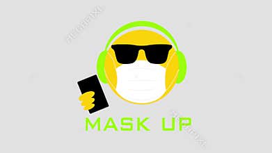 Cool emoji wearing face mask and headphones, mask up text