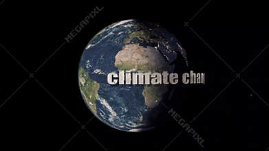 A climate change concept, of a rotating Earth turning into a dry cracked planet. With climate change text over layered on top