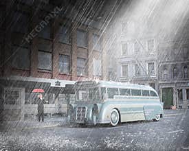 Vintage City Bus, Man, Rain