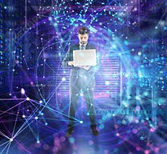 Businessman works at a data center room with database server and network effects.