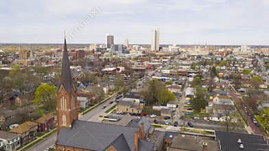 Aerial View Over The Urban City Center Skyline in Fort Wayne Indiana
