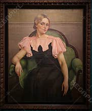 Portrait of Isa dressed in Pink and Black, painting by Giorgio de Chirico