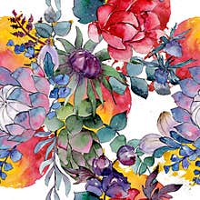 Bouqet succulent floral botanical flowers. Watercolor background illustration set. Seamless background pattern.