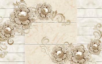 3D Wallpaper mural Design with Floral and Geometric Objects gold ball and pearls, gold jewelry wallpaper purple flowers
