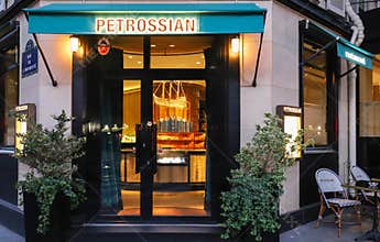 The Facade of Petrossian fish caviar restaurant located in central Paris
