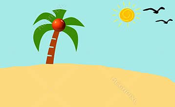 Cartoon nature landscape with palm tree in the desert and sun. Illustration