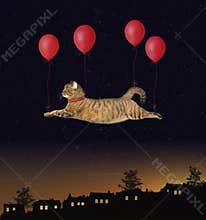 Cat flying by balloons above a town