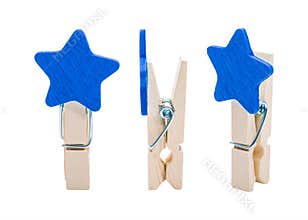 Blue Wooden clip isolated on white background. Colors clips in star shape.  Clipping path