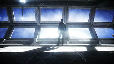 People in futuristic space corridor, room. view of the earth. cinematic 4k footage.