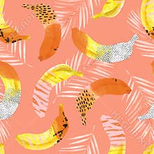Fun bananas and palm leaves print in 80s 90s pop art style