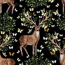 Hand painted watercolor deer antlers with leafs, branches, butterfly on white background