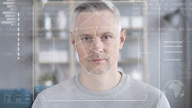 Face recognition, security check of middle aged man