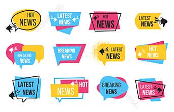 News badge. Promotion stickers with megaphone and text bulb, breaking news announcement. Vector newspaper tags