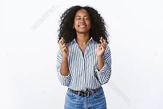 God please make come true. Hopeful optimistic happy charming african american woman raise head up smiling delighted