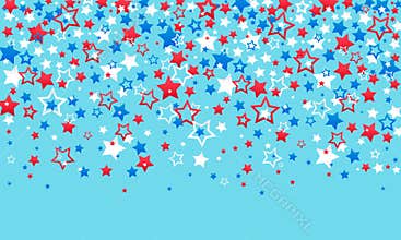 July 4th Independence Day of America. Red blue and white stars decorations of confetti and serpentine on a blue background