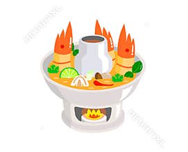 Tom Yum Kung in hot pot isolated on white background.