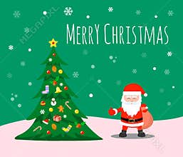 Merry Christmas and Happy new year. Santa Claus and Christmas trees adorn the decorations under the snowflakes.