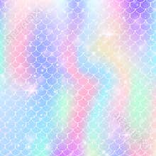 Rainbow scales background with kawaii mermaid princess pattern.