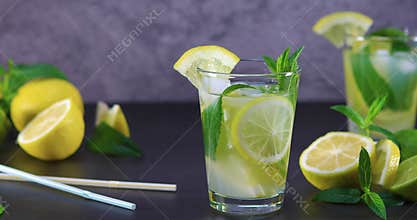 Homemade refreshing summer lemonade with mint in a glass