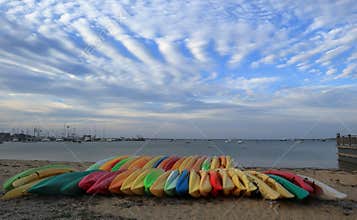Colorful boats in front of sea coast on Nantucket, Massachusetts