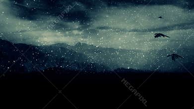 Dragons Fly Under A Snow Storm Above Mountains