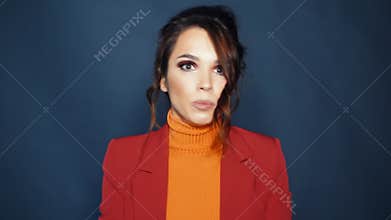 Attractive girl actively gesticulating with hands explaining point of view