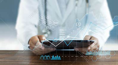 Healthcare business graph data and growth, Medical examination and doctor analyzing medical report network connection on tablet