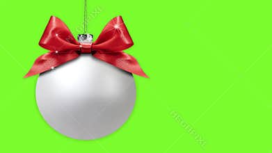 Merry christmas tree balls with ribbon bows change colours, isolated on green screen background