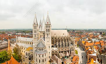 Notre-Dame de Tournai towers and surrounfing streets with old buildings panorama, Cathedral of Our Lady, Tournai, Walloon