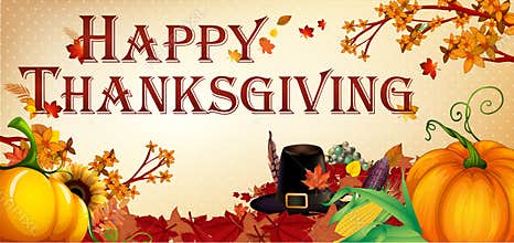 Happy Thanksgiving banner leaves and pumpkins