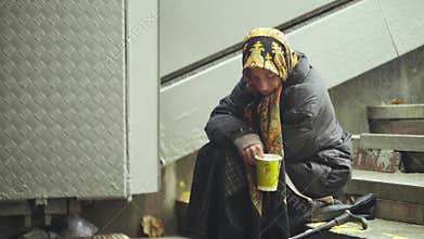 Beggar homeless woman. Poverty. Vagrancy. Kyiv. Ukraine.
