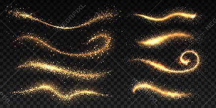 Sparkle stardust. Golden glittering dust brush templates, shining star or comet trails, Christmas shimmer texture