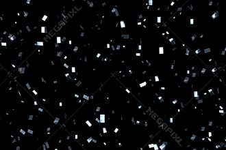 Falling blue metallic glitter foil confetti, animation movement on black background, holiday and festive fun concept