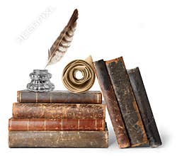 Old books, inkstand and scroll