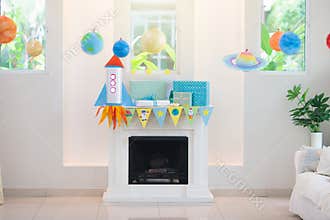Space theme kids birthday party. Room decoration