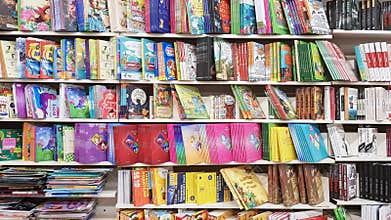 Ukraine, Kiev - October 10, 2019: a store of children`s and adult literature. Showcases on the market with new books. Editorial