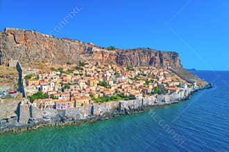 Aerial view of the old town of Monemvasia in Lakonia of Peloponnese, Greece