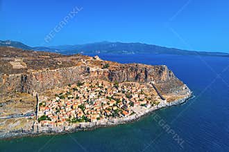 Aerial view of the old town of Monemvasia in Lakonia of Peloponnese, Greece