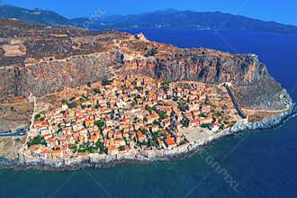 Aerial view of the old town of Monemvasia in Lakonia of Peloponnese, Greece