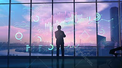 Businessman in office considers holographic infographic.