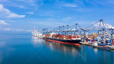 Container cargo ship at industial port in import export business logistic and transportation of international by container cargo