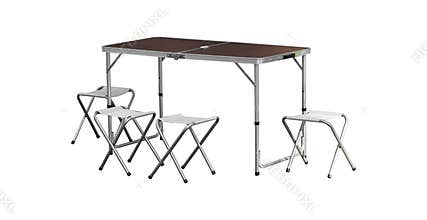 Folding table for camping on a white background with chairs