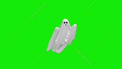 Cartoon Flying white Ghost on an green screen