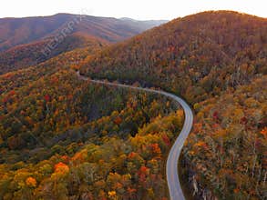 Aerial Drone view of overhead colorful fall / autumn leaf foliage near Asheville, North Carolina.Vibrant red, yellow, teal, orange