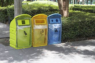 Type of waste bins in the park. The waste separation is convenient for recycling.