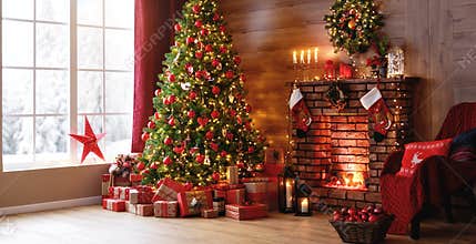 Interior christmas. magic glowing tree, fireplace, gifts