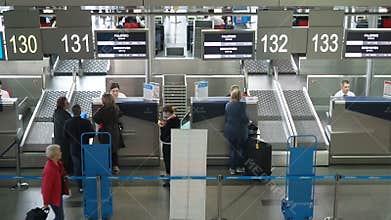 Moscow, Russia - August 8, 2019: Registration of passengers and baggage on the flight. Airport security personnel